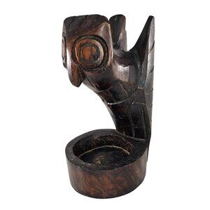 Hand-Carved Owl Figurine Wooden Ashtray Key Dish Catch All Bird Decor Folk Art